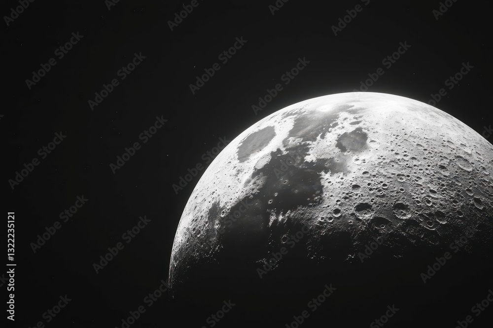 Crescent moon surface with craters and cosmic dust in deep space. Celestial satellite for astrology banner, lunar exploration and astronomy calendar design. Crescent moon surface with craters and cosmic dust in deep space. Celestial satellite for astrology banner, lunar exploration and astronomy calendar design.