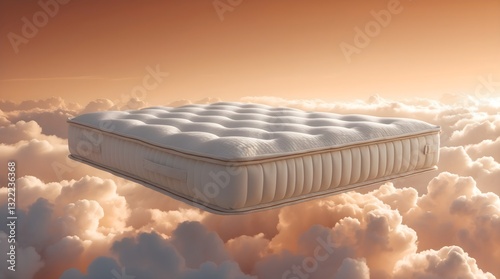 a bed mattress floating on the sky with clouds around, concept of the comfy and soft of sleeping experience, space for copy
