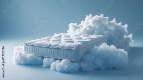 a bed mattress floating on the sky with clouds around, concept of the comfy and soft of sleeping experience, space for copy