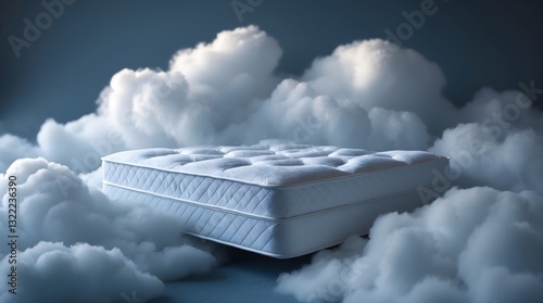 a bed mattress floating on the sky with clouds around, concept of the comfy and soft of sleeping experience, space for copy