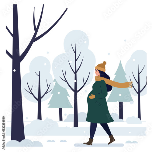 Pregnant woman walking in winter landscape with trees in flat vector art