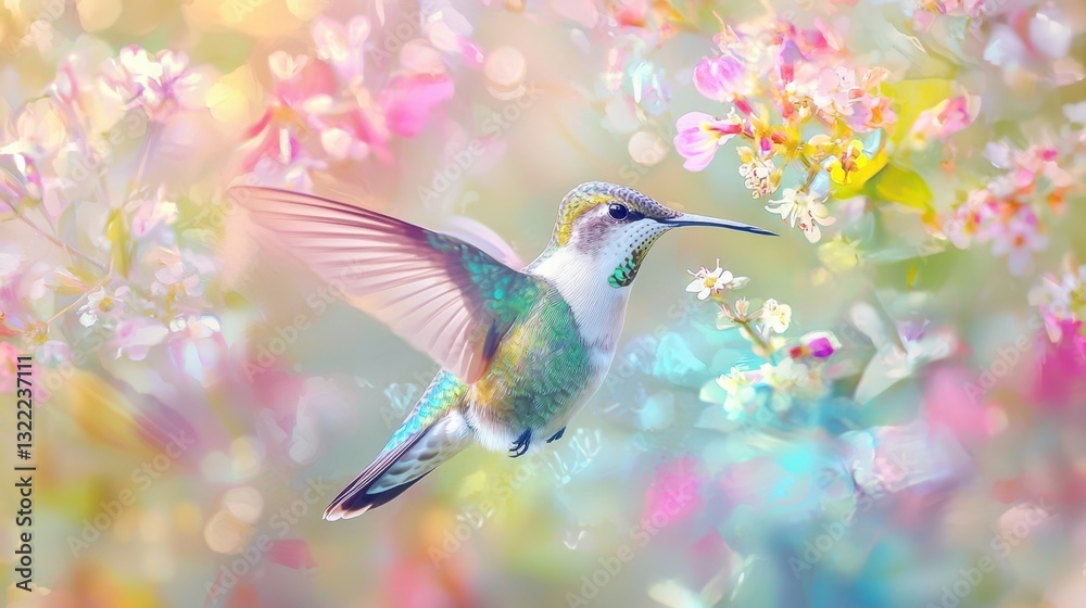 Fototapeta premium A hummingbird hovers gracefully in a colorful garden filled with blooming flowers. The atmosphere is bright and lively, showcasing the beauty of spring