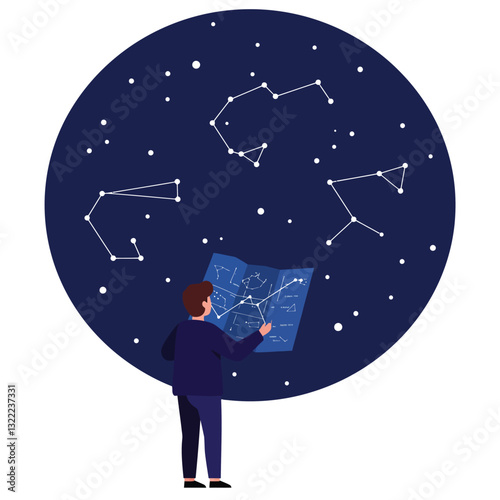 Person exploring constellations in deep blue sky flat vector art