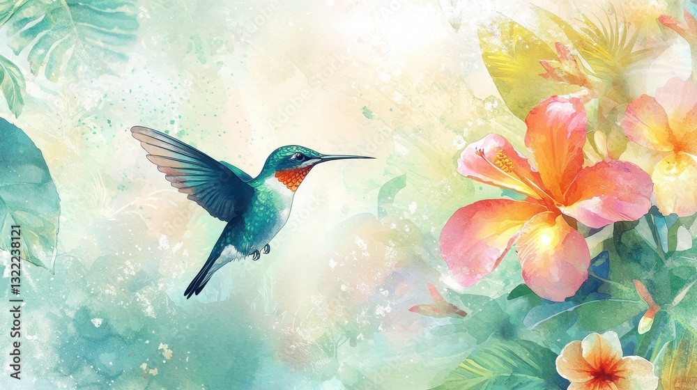 A vibrant hummingbird gracefully hovers in front of bright tropical flowers, surrounded by a lush garden filled with rich colors and soft hues, creating a serene atmosphere A vibrant hummingbird gracefully hovers in front of bright tropical flowers, surrounded by a lush garden filled with rich colors and soft hues, creating a serene atmosphere