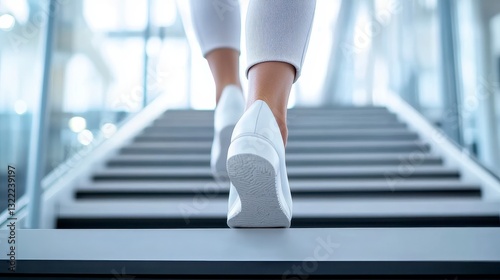 Close up view of a person's legs and white sneakers ascending a modern staircase in a bright, indoor setting
