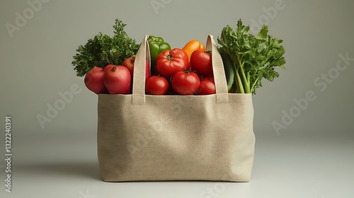 A fresh and vibrant grocery haul featuring a tote bag filled with fruits and vegetables placed on a white background promoting healthy living