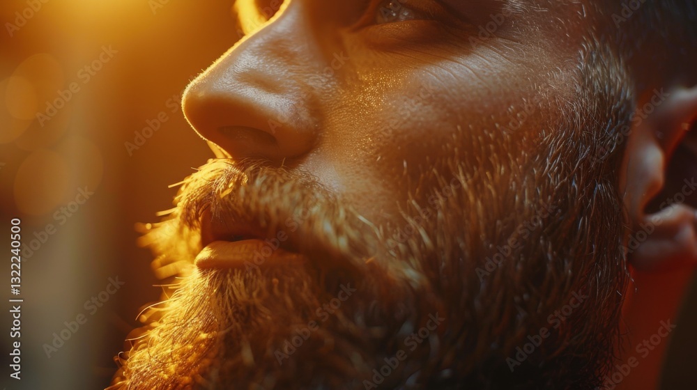 A man with a well groomed beard gazes thoughtfully to the side, with soft warm lighting creating a captivating atmosphere that enhances his facial features and expression. A man with a well groomed beard gazes thoughtfully to the side, with soft warm lighting creating a captivating atmosphere that enhances his facial features and expression.