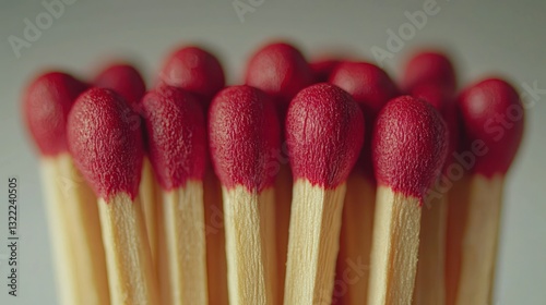 Grouping of red-tipped wooden matches, tips grouped, blur background, close-up