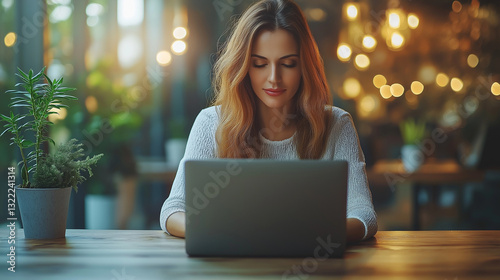 Woman with long brown hair focuses on her laptop in a warm  inviting workspace. Soft lighting enhances the atmosphere as she types attentively. A small plant adds a touch of nature