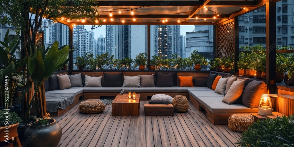 Fototapeta premium A luxurious rooftop patio featuring comfortable seating and beautiful lights