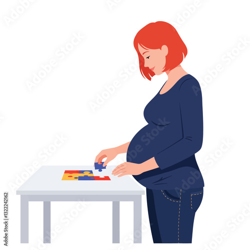 Pregnant woman assembling puzzle in flat modern style vector art