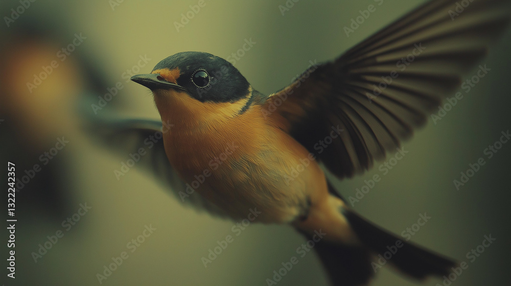 Naklejka premium Swallows glide effortlessly through the air, their wings spread wide as they navigate the open sky. The bright colors of their feathers contrast with the blurred background, emphasizing their beauty