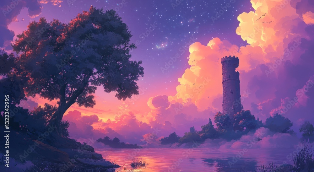 A tranquil lake scene features a tree and a stone tower A tranquil lake scene features a tree and a stone tower
