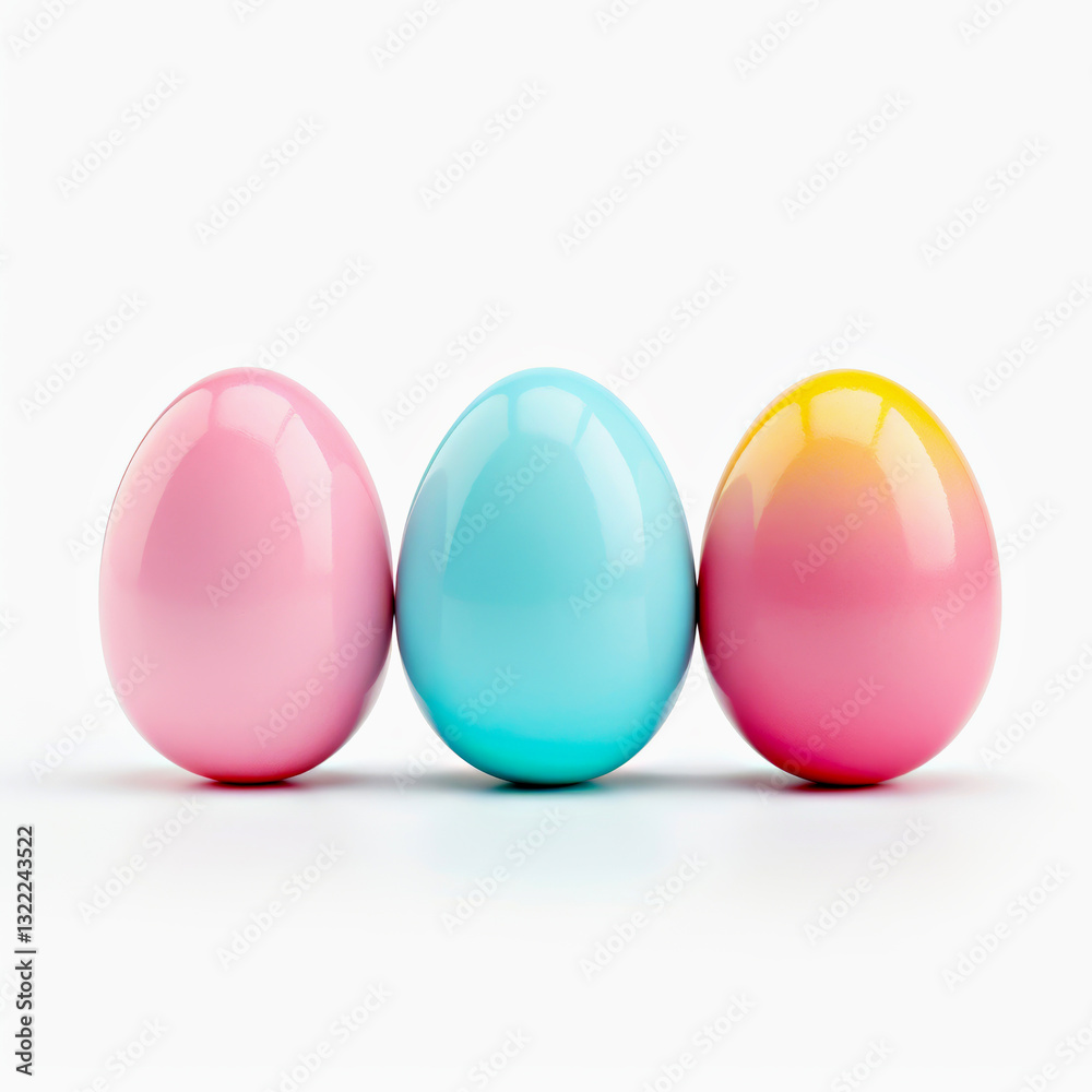 Three glossy pastel Easter eggs in pink, blue and gradient mix yellow and pink stand side by side on clean white background. Reflective surface Easter eggs enhances soft and festive holiday aesthetic Three glossy pastel Easter eggs in pink, blue and gradient mix yellow and pink stand side by side on clean white background. Reflective surface Easter eggs enhances soft and festive holiday aesthetic