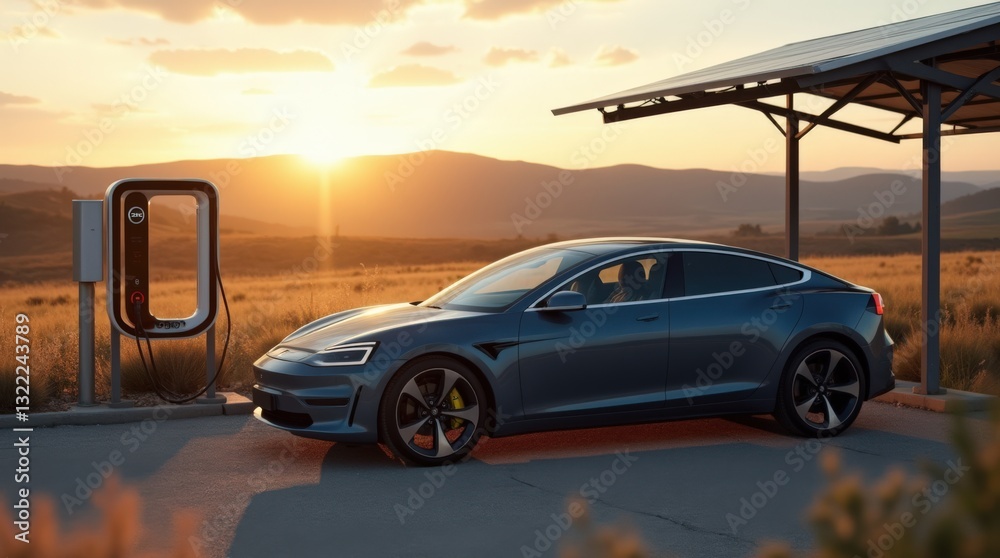 Fototapeta premium Charging an Electric Car During Sunset in a Serene Landscape