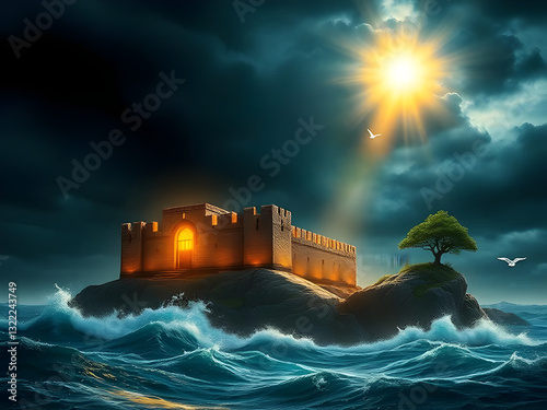 an ancient and imposing fortress, built on solid rock, surrounded by a turbulent sea and strong waves(4).