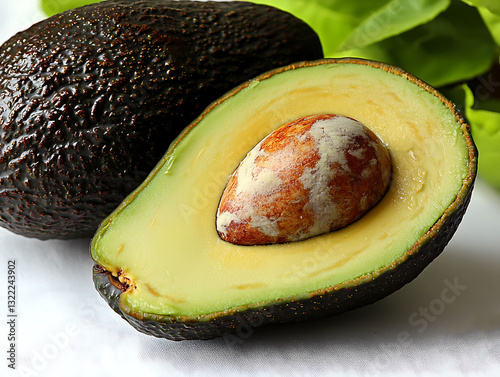 Closeup of a halved avocado, revealing its creamy texture and large pit.  A whole avocado sits beside it, showcasing the fruits dark, pebbly skin.