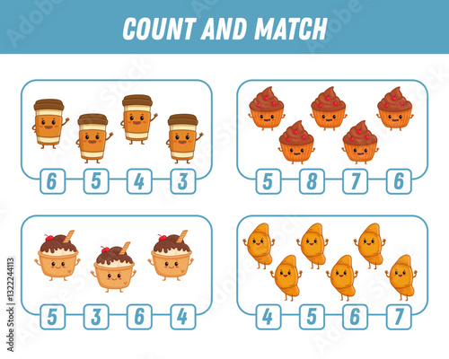 Education game for children count and match of cute Cartoon character. Activity page with food characters. Cartoon cup of cofee, ice cream, croissant, cupcake. Vector