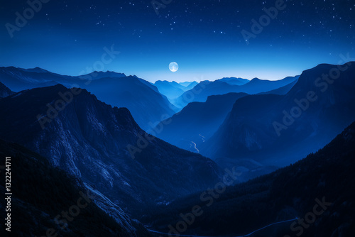 Serene Mountain Valley with Misty Peaks, Glowing Moon, and Starry Night Sky Backdrop