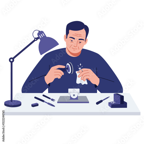 Craftsman carefully polishing jewelry under lamp in flat vector art