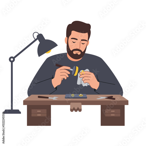 Skilled craftsman working on a watch in minimal flat vector art