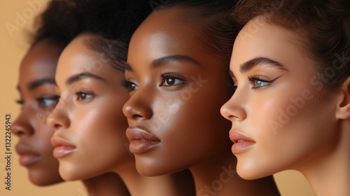 Four multi-ethnic women stand side by side, highlighting their unique skin tones and features. The soft lighting accentuates their natural beauty in a serene setting