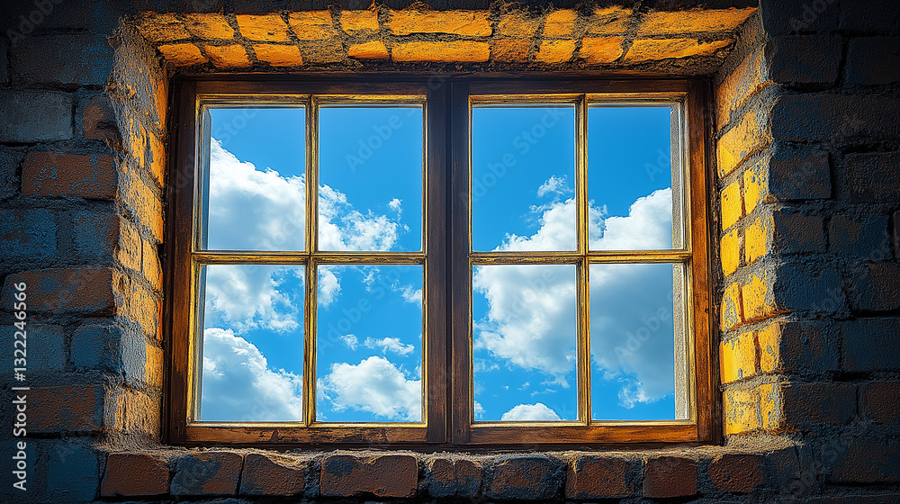 Obraz premium Bright sunlight floods through an open window framed by rustic bricks, revealing a vibrant blue sky dotted with fluffy white clouds, creating a serene and inviting atmosphere