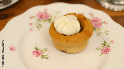 A delicate floral-patterned plate holds a perfectly piped rosette of whipped butter, atop a toasty mini Yorkshire pudding filled with tender roast beef.