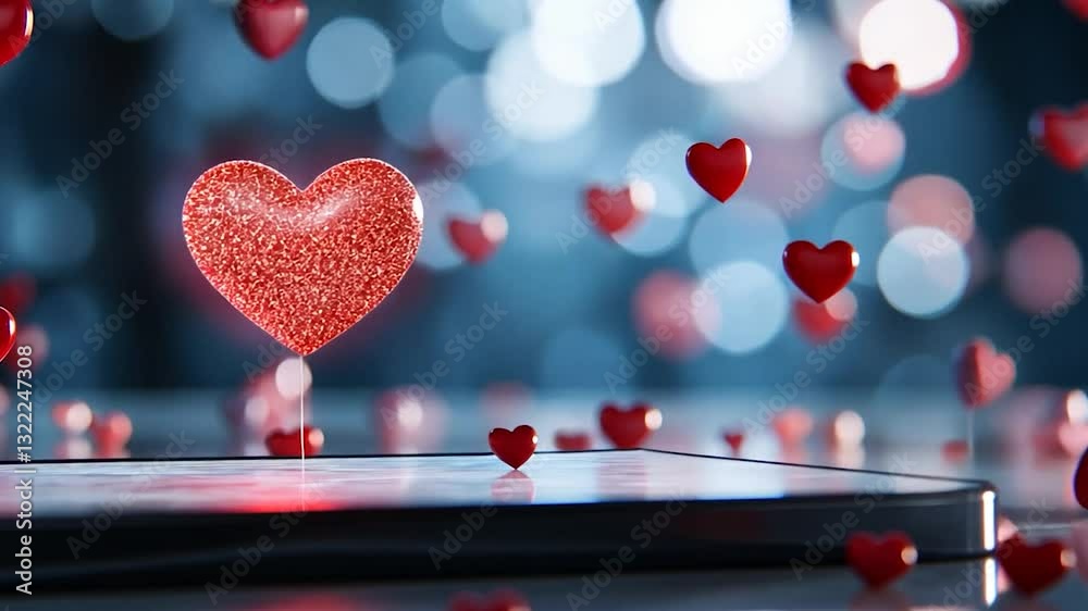 Glowing red heart surrounded by floating hearts on a smartphone with a blurred background