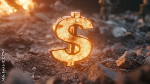 Symbol of the Dollar Amidst War-Torn Landscape: Economic Power in the Midst of Destruction, Debris, and Smoke with Soldiers in the Distance