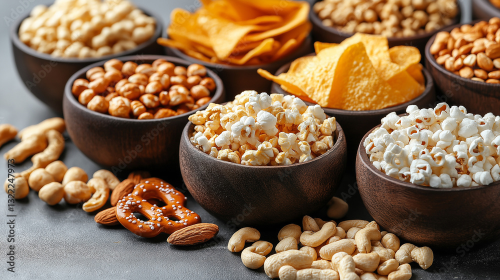 Various salty snacks are arranged in wooden bowls, showcasing popcorn, nuts, pretzels, and chips. The light gray surface provides a neutral backdrop for this crunchy assortment Various salty snacks are arranged in wooden bowls, showcasing popcorn, nuts, pretzels, and chips. The light gray surface provides a neutral backdrop for this crunchy assortment