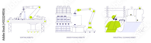 Industrial robots abstract concept vector illustrations.