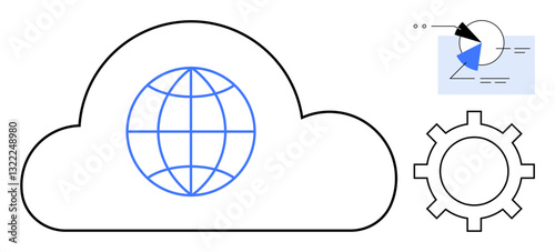 Globe inside cloud outlines global connectivity gear symbolizes technology pie chart with data highlights analytics. Ideal for cloud technology, networking, automation, global economy, innovation