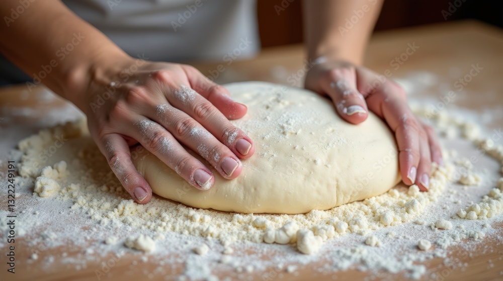 Hands Kneading Fresh Dough on a Wooden Surface in a Cozy Kitchen Setting Hands Kneading Fresh Dough on a Wooden Surface in a Cozy Kitchen Setting