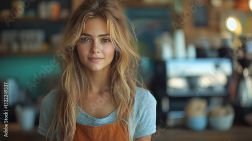 A young barista stands behind the counter, expertly making coffee for eager customers in a warm and inviting cafe during the morning rush