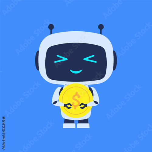 Robot holding coin. Vector illustration for or cryptocurrency theme, blockchain projects or financial technology content