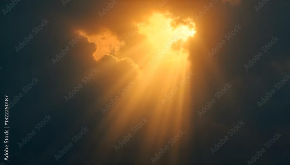 Fototapeta premium Golden light rays pierce through dark, cloudy skies, creating a dramatic and ethereal effect, the light scatters and diffuses