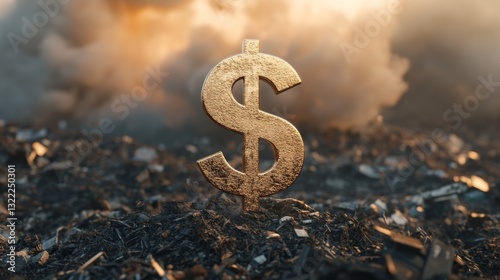 Symbol of the Dollar Amidst War-Torn Landscape: Economic Power in the Midst of Destruction, Debris, and Smoke with Soldiers in the Distance