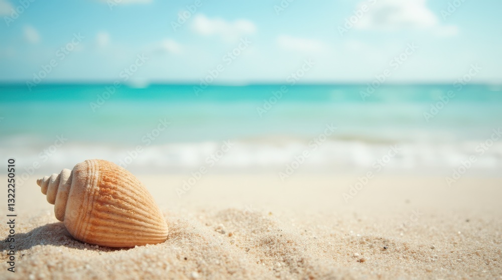 Beautiful Seashell on Sandy Beach With Calm Turquoise Waters Under Sunny Sky Beautiful Seashell on Sandy Beach With Calm Turquoise Waters Under Sunny Sky