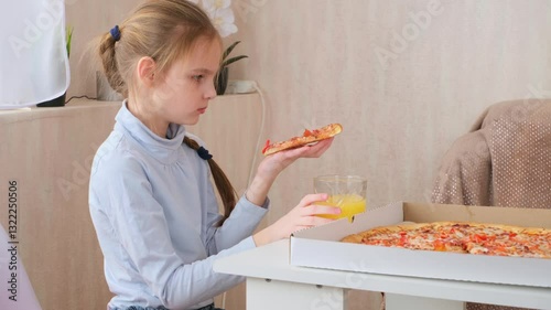 girl, one, child, pizza, box, eat, food, people, white, eating, little, indoors, home, living room, table, sit, sitting, childhood, elementary, lifestyle, day, meal, nutrition, kid, tasty, hungry, hun