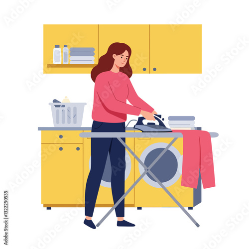 Woman ironing clothes in a bright kitchen, flat design vector illustration