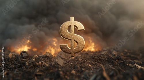 Symbol of the Dollar Amidst War-Torn Landscape: Economic Power in the Midst of Destruction, Debris, and Smoke with Soldiers in the Distance