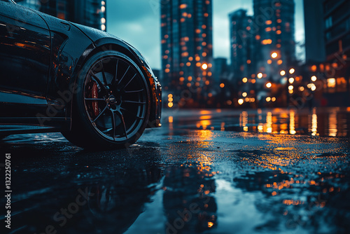Stylish Automotive Wheel Detail on Rain-Soaked Street with Cityscape Background