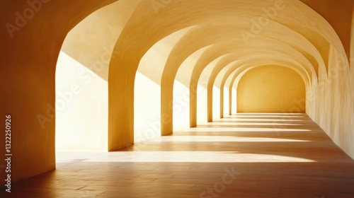 Sunlight casts long shadows through a series of arched corridors, creating a rhythm of light and shadow.