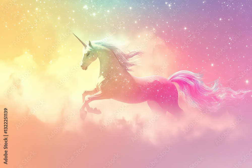 Obraz premium Magical unicorns in pastel rainbow landscapes, surrounded by sparkling stars and dreamy light, perfect for fantasy-themed projects, children's illustrations, or whimsical backgrounds.