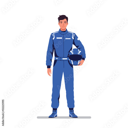 Racing driver in blue suit holding helmet in flat vector art