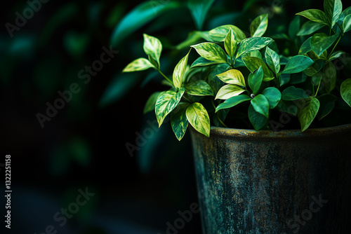 Fresh green basil herb plant growing in a small isolated pot background
