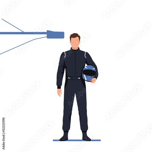 Racer in racing suit holding helmet in flat vector illustration