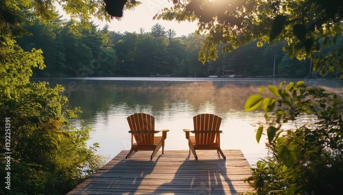 Tranquil Lakeside View with Two Wooden Chairs Overlooking Calm Water Surrounded by Lush Green Trees in Soft Morning Light