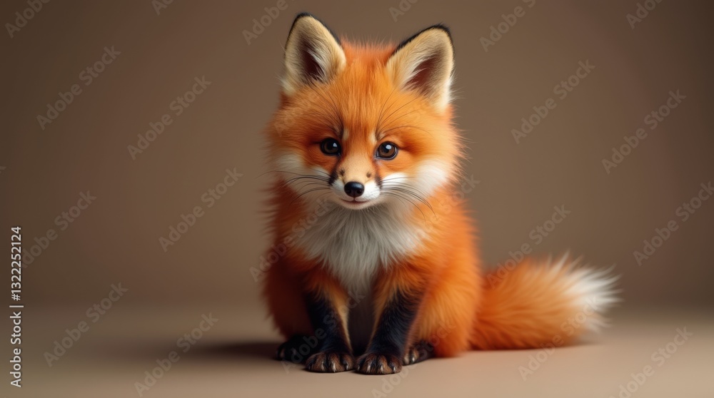 Cute Orange Fox Sitting Upright With Fluffy Tail and Expressive Eyes Indoors Cute Orange Fox Sitting Upright With Fluffy Tail and Expressive Eyes Indoors